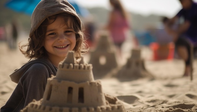 Glimlachend kind dat buiten in het zand speelt, gegenereerd door AI