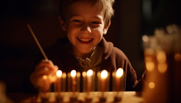 Gratis foto glimlachend kind dat een kaars aansteekt die spiritualiteit binnenshuis viert, gegenereerd door ai