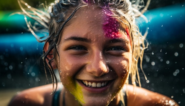 Gratis foto glimlachend meisje opspattend water zorgeloos zomerplezier gegenereerd door ai