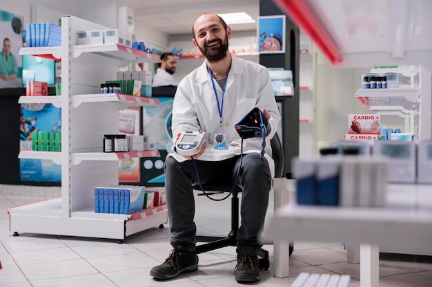 Gratis foto glimlachende apotheker die medische tonometer klaar houdt om hypertensie van klanten te meten tijdens controlebezoek in apotheek. drogisterij gevuld met supplementen en medicijnen, hulpdienst voor medicijnen