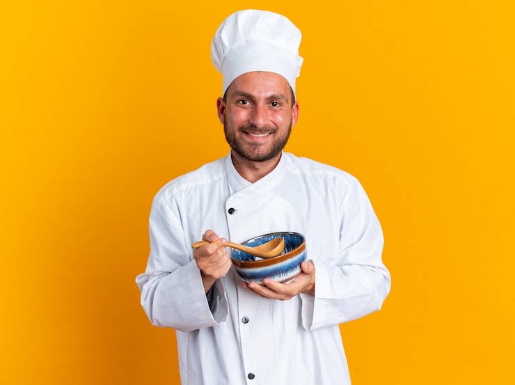 Gratis Foto glimlachende jonge blanke mannelijke kok in uniform van de chef-kok en dop met lepel en kom kijkend naar camera geïsoleerd op oranje muur