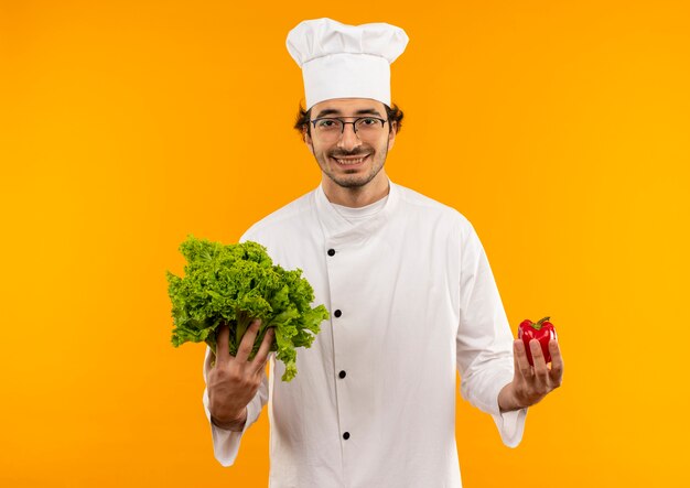 Glimlachende jonge mannelijke kok die eenvormige chef-kok en glazen draagt die salade en peper houden die op gele muur wordt geïsoleerd