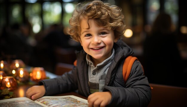 Glimlachende jongens genieten van hun kindertijd, zitten buiten en lezen een boek met vreugde gegenereerd door kunstmatige intelligentie.