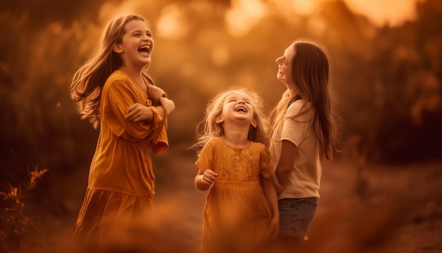 Glimlachende kinderen die buiten spelen in de zonsondergang gegenereerd door AI