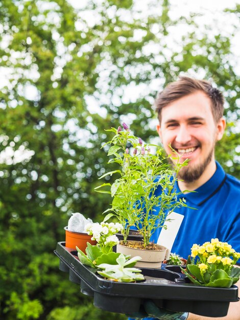 Glimlachende mannelijke tuinman die plastic ingemaakte installatie houden