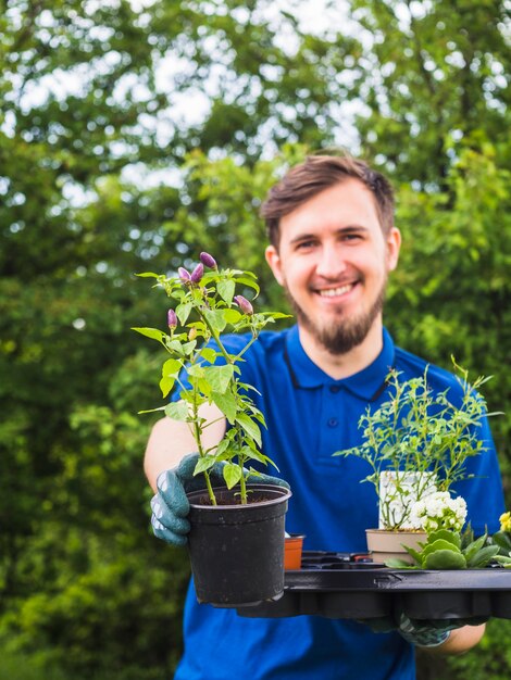 Glimlachende mannelijke tuinman die potteninstallatie in zijn hand toont