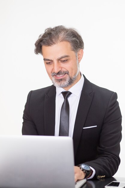 Glimlachende middelbare leeftijd zakenman werken op laptop