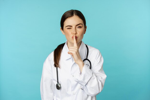 Glimlachende schattige doktersvrouw zwijgt druk op zwijg shh-teken met vinger tegen lippen gedrukt die geheim taboe verbergt ...