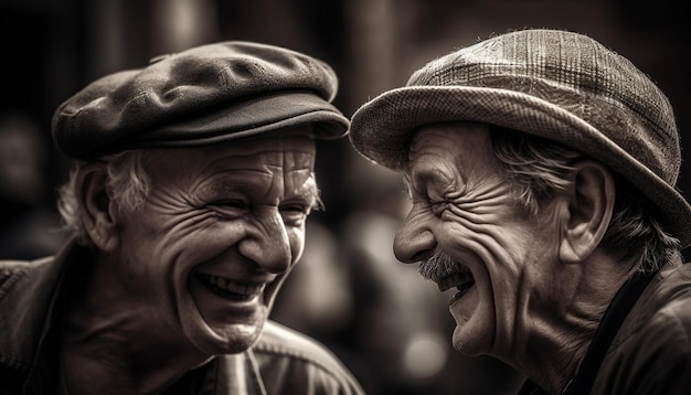 Glimlachende senioren in zwart-wit portret gegenereerd door AI