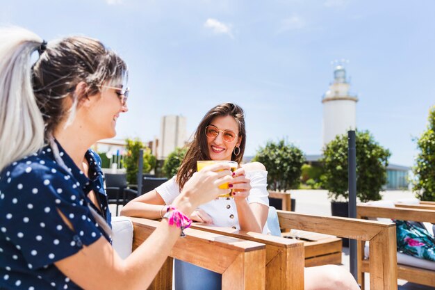 Glimlachende vrouwen die drinkend drank ontspannen