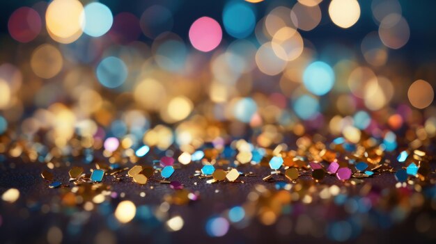 Glinsterende confetti die tegen een bokeh-lichtscherm valt. Sprankelend zilver en levendige kleuren die de essentie van feest en vreugde vastleggen