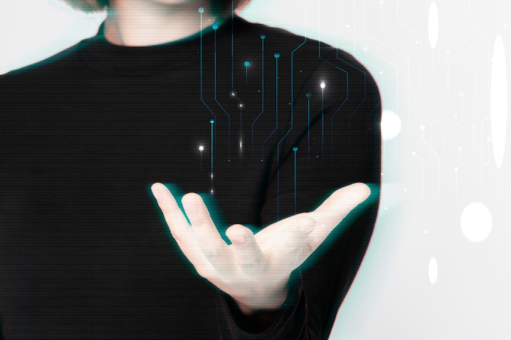 Gratis Foto glitching vrouw hand achtergrond met behulp van futuristische technologie digitale remix