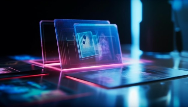 Gloeiend abstract computernetwerksymbool verlicht donkere nacht gegenereerd door AI