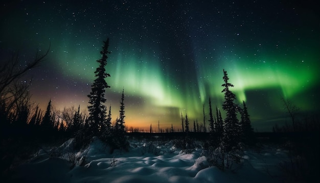 Gloeiend sterrenspoor verlicht majestueus winterlandschap gegenereerd door ai