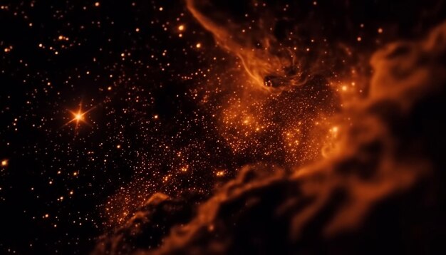 Gloeiend sterrenveld explodeert met vurige nevel in abstracte beweging gegenereerd door AI