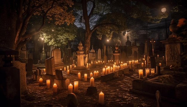 Gloeiende kaars verlicht spookachtige grafsteen 's nachts gegenereerd door AI