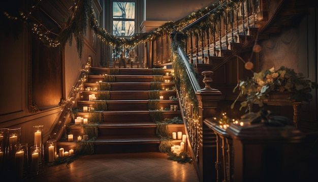 Gloeiende kerstboom verlicht elegant ouderwets huis gegenereerd door AI