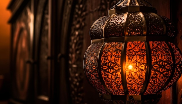 Gloeiende lantaarns verlichten 's nachts oude architectuur, gegenereerd door AI