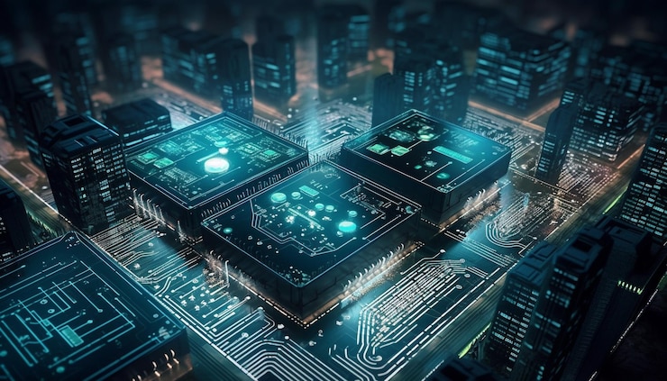 Gratis Foto gloeiende printplaten op een rij futuristische technologie gegenereerd door ai