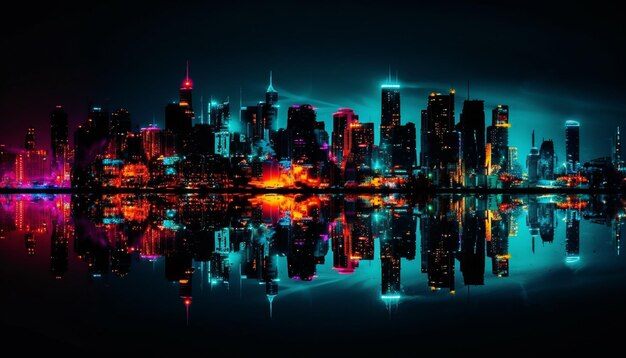 Gloeiende skyline van de stad reflecteert op het water gegenereerd door AI