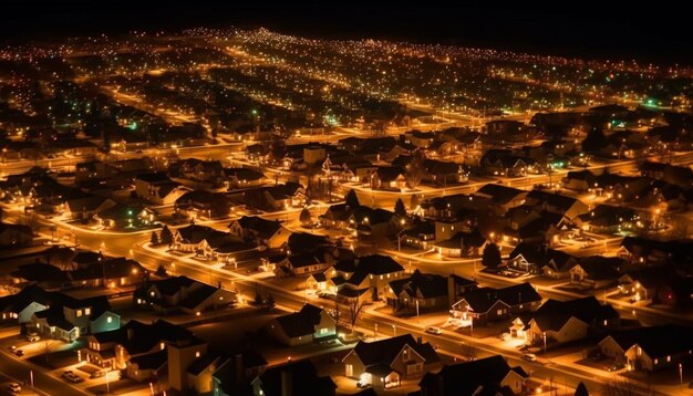 Gloeiende skyline van de stad 's nachts reflecteert op water gegenereerd door AI