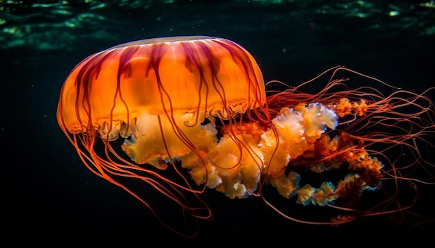 Gratis foto gloeiende tentakels van brandnetel verlichten onderwaterschoonheid gegenereerd door ai