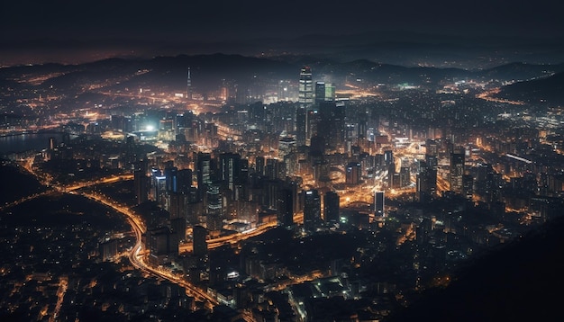 Gloeiende wolkenkrabbers verlichten de moderne skyline van de stad, gegenereerd door AI