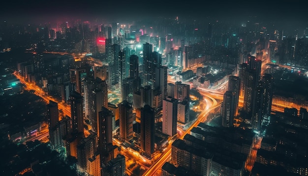 Gloeiende wolkenkrabbers verlichten de moderne skyline van de stad in de schemering generatieve AI