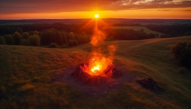 Gratis foto gloeiende zonsondergang ontsteekt inferno in bosweide gegenereerd door ai