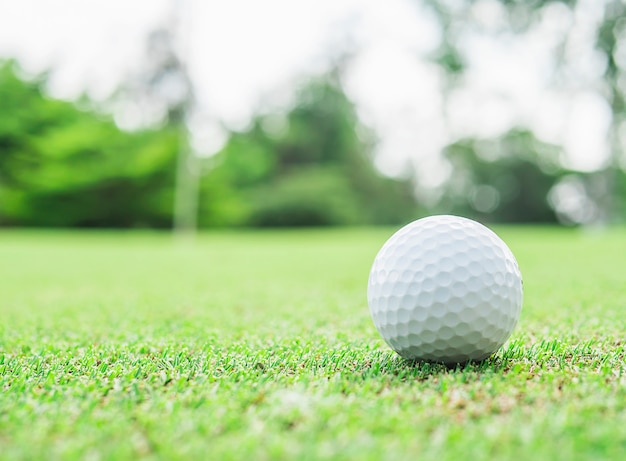 Golfbal op groen met vage speldvlagnoot en groene boomachtergrond