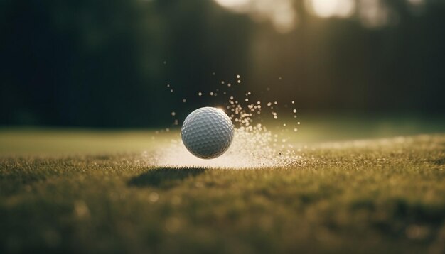Golfer raakt bal op groene grasbaan gegenereerd door AI