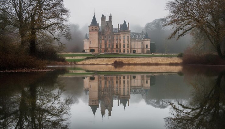 Gratis Foto gotische architectuur weerspiegelt in rustige vijverreflectie gegenereerd door ai