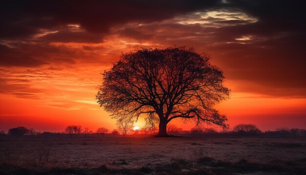 Gouden acaciaboom silhouet weerspiegelt rustige zonsondergang gegenereerd door AI