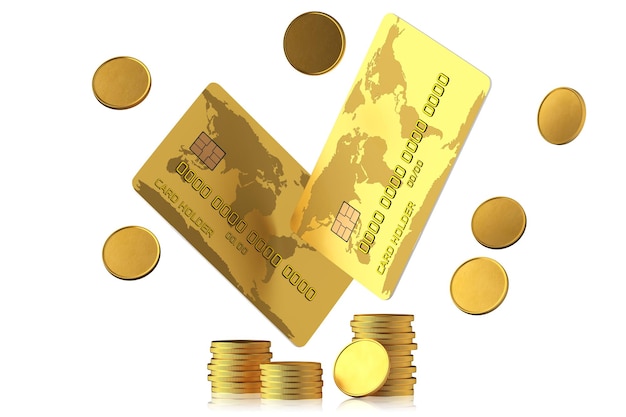Gouden bankkaarten met munten op een witte achtergrond. 3d render.
