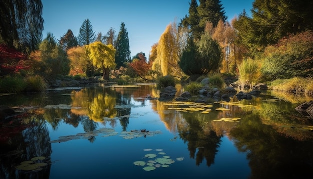 Gratis foto gouden bladeren reflecteren op een rustige bosvijver gegenereerd door ai