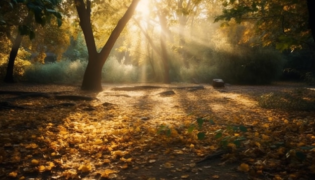 Gratis foto gouden bladeren sieren een rustig bos in de herfst, gegenereerd door ai