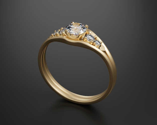 Gouden diamanten ring geïsoleerd op zwarte achtergrond 3d-rendering