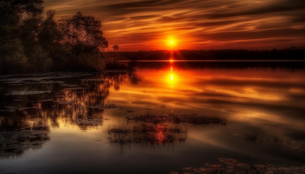 Gratis foto gouden horizon over rustige wateren, natuurschoon gegenereerd door ai