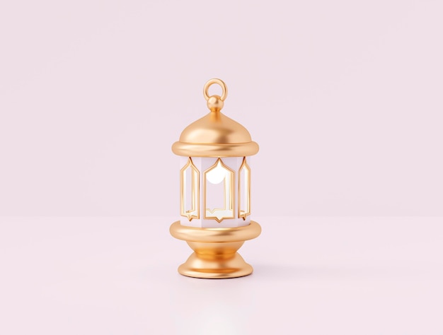 Gouden lantaarn element decoratie islamitische Ramadan Kareem groet op gele achtergrond 3D illustratie