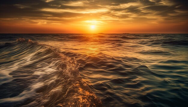 Gouden zon boven rustige blauwe golven gegenereerd door AI