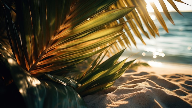 Gouden zonlicht filtert door palmbladeren en werpt schaduwen op een zandstrand