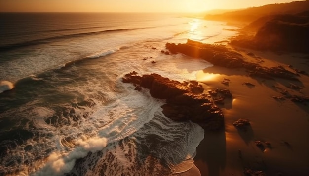 Gratis foto gouden zonsondergang over rustige wateren en rotsachtige kliffen gegenereerd door ai