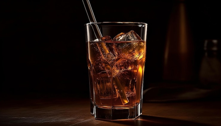 Gratis Foto goudkleurige cognacfles op houten tafel gegenereerd door ai