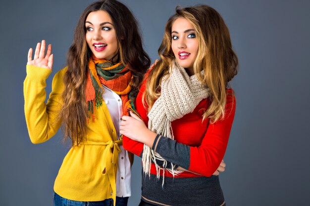 Grappig indoor portret van die hipster meisjes plezier in studio, klassieke kasjmier truien en sjaals dragen