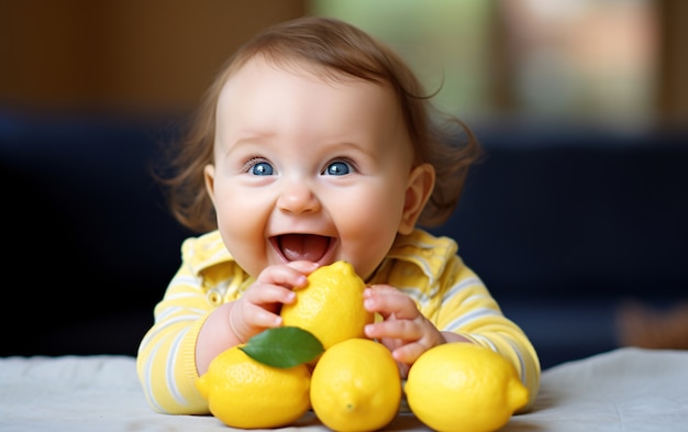 Gratis foto grappig klein kind met citroen.