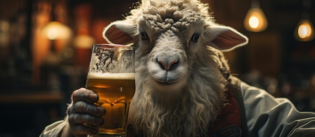 Grappig portret van een schaap met een glas