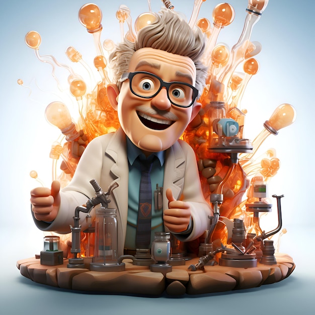 Gratis foto grappige cartoon wetenschapper met veel magische elixir 3d illustratie