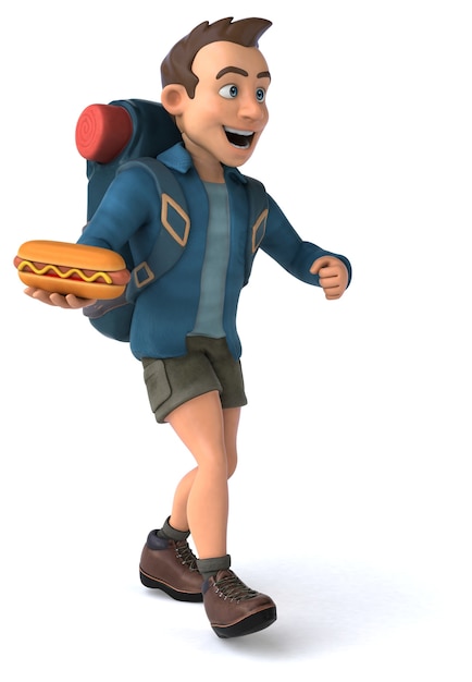 Grappige illustratie van een 3D cartoon backpacker