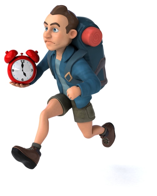 Grappige illustratie van een 3D cartoon backpacker