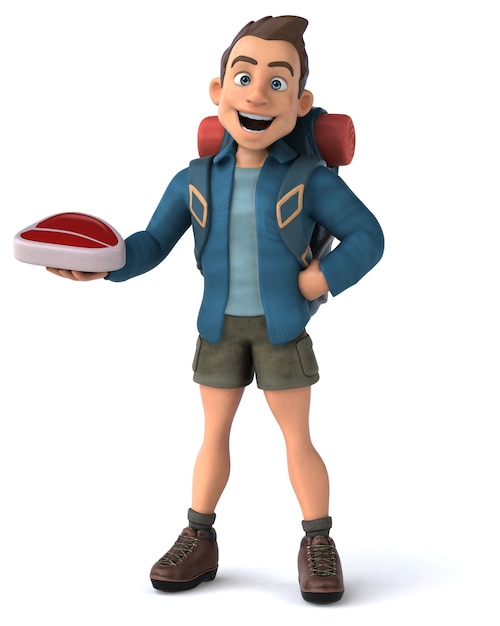 Grappige illustratie van een 3D cartoon backpacker